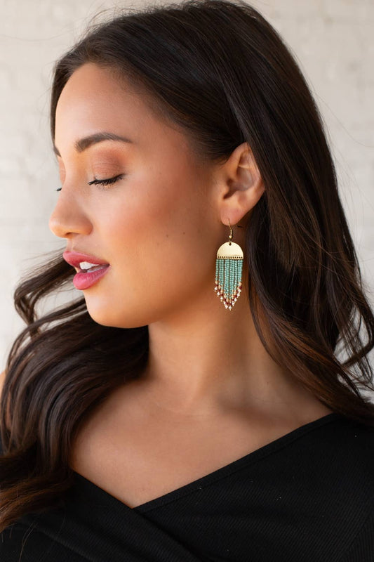 Gold & Teal Beaded Fringe Earrings