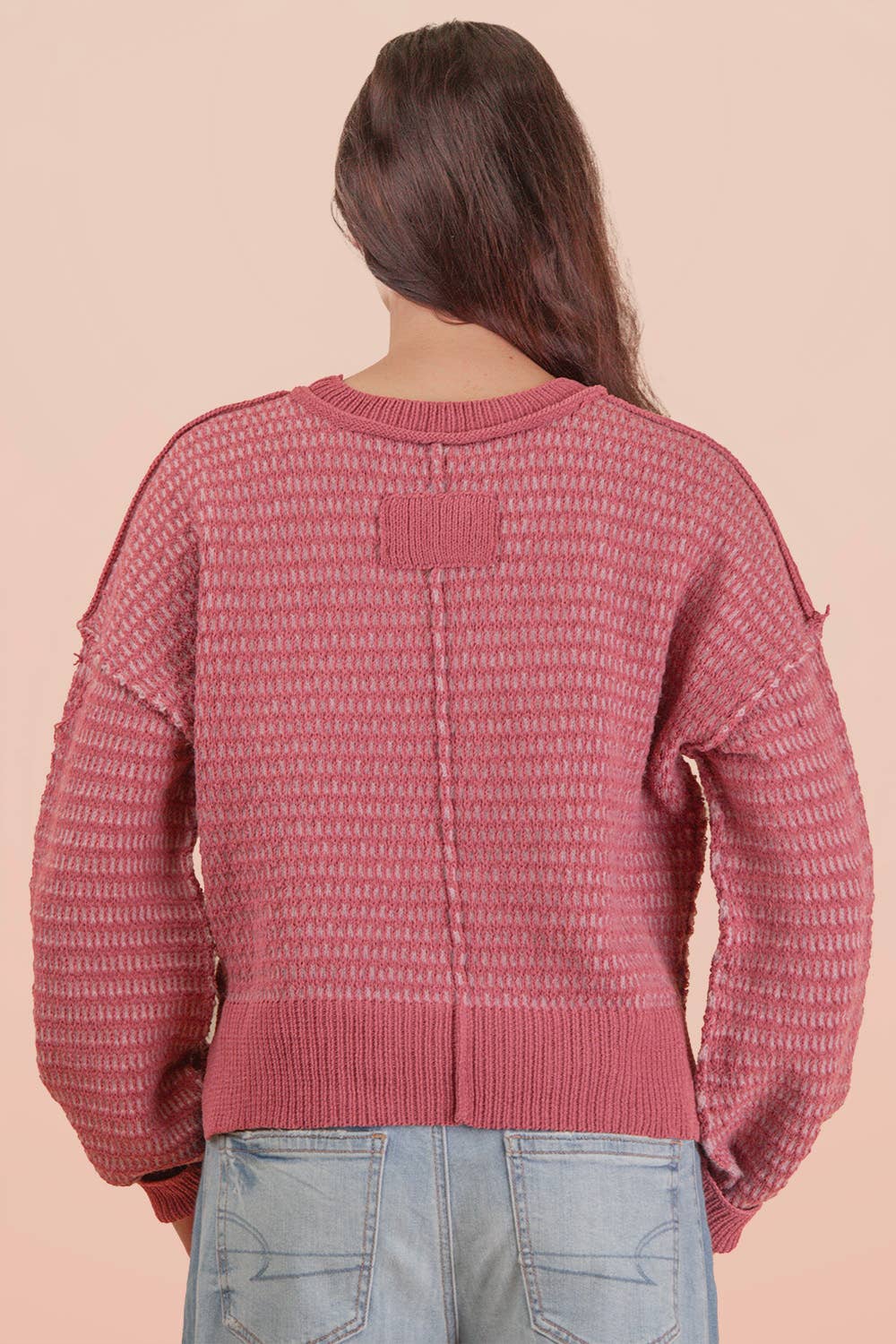Two Tone Textured Knit Casual Sweater Top