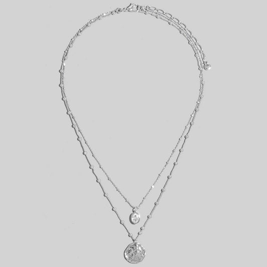 Coin &Oval Cz Charm Layered  Necklace