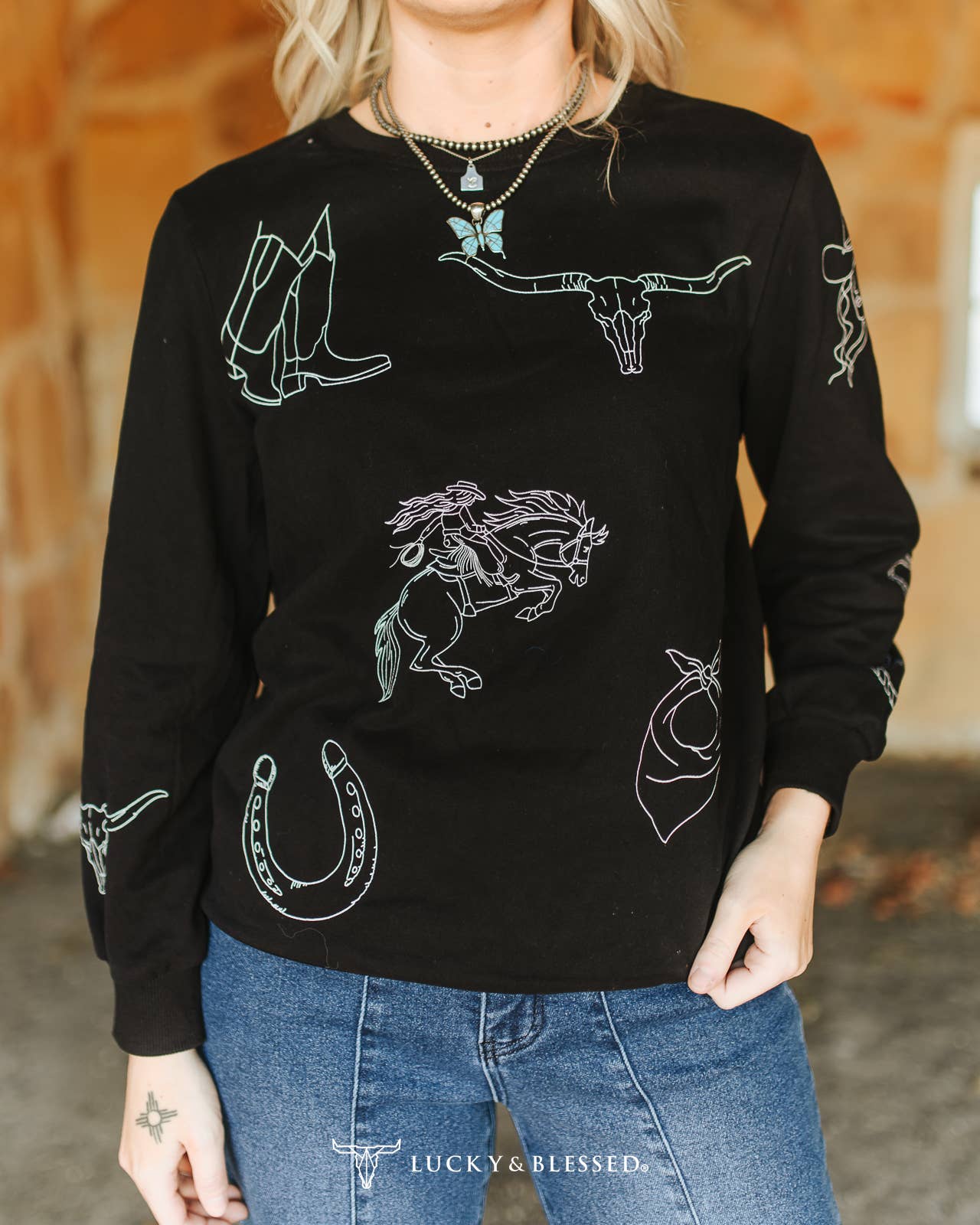 Black Western Printed Round Neck Pull Over Sweater