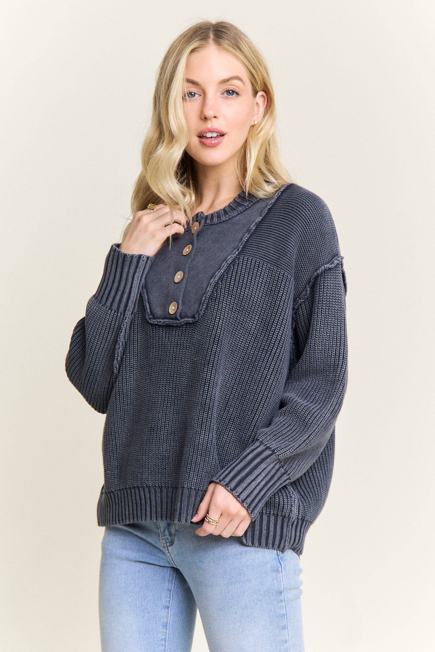 NAVY BUTTON FRONT HENLEY KNIT