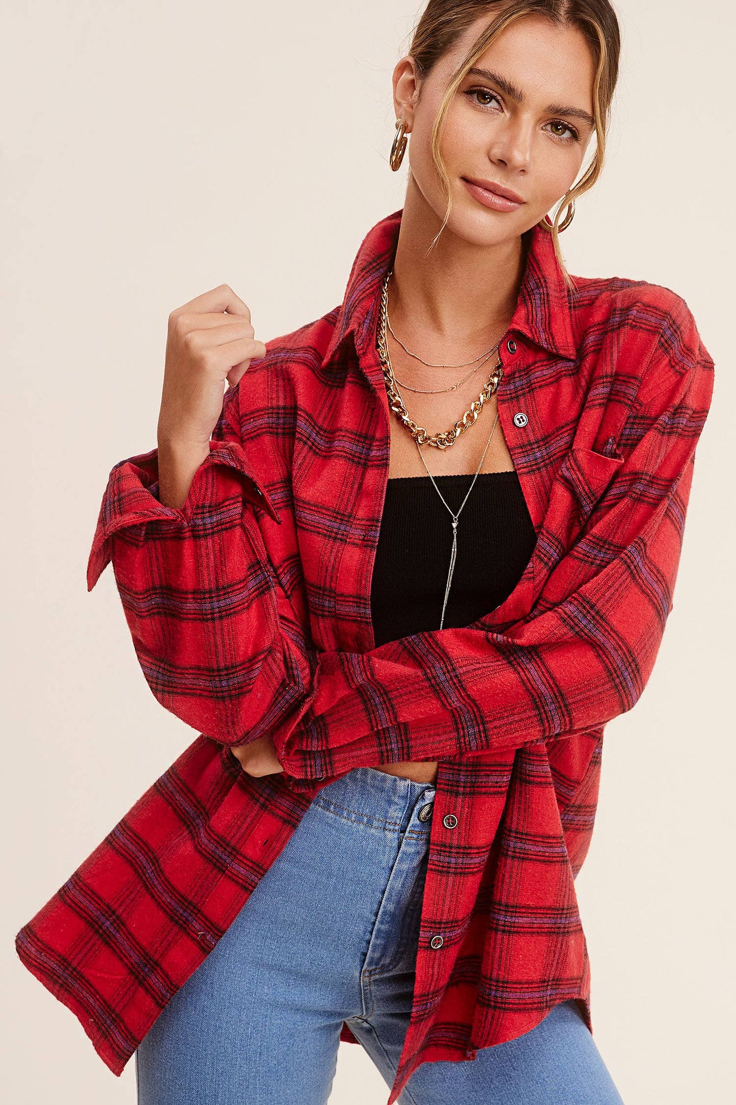 Loose Fit Button Down Plaid Shirt