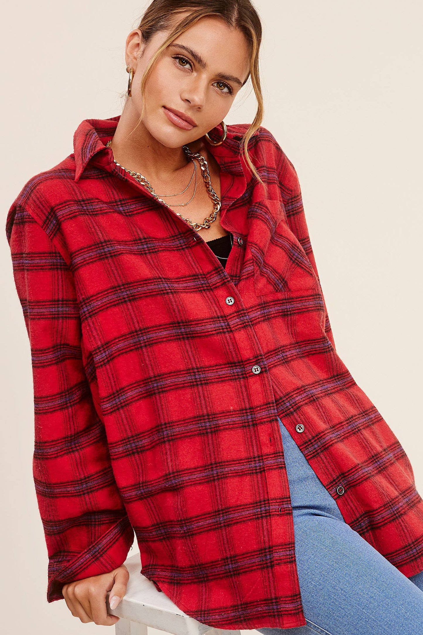 Loose Fit Button Down Plaid Shirt