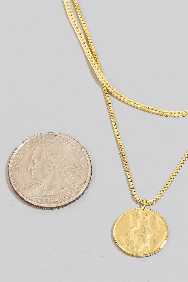 Gold Dipped Coin Pendant And Cz Charm Layered Chain Necklace: Gold