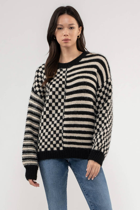 STRIPE + CHECKERED CREWNECK SWEATER