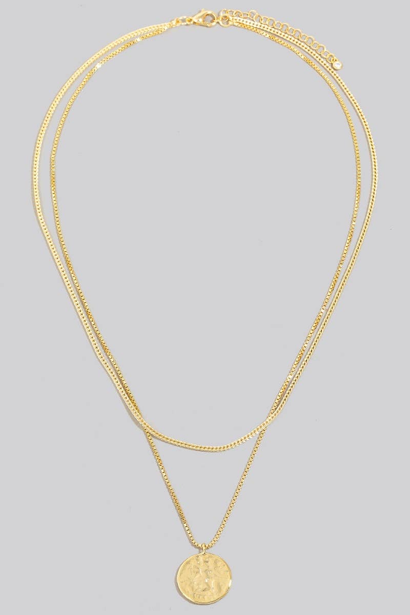 Gold Dipped Coin Pendant And Cz Charm Layered Chain Necklace: Gold
