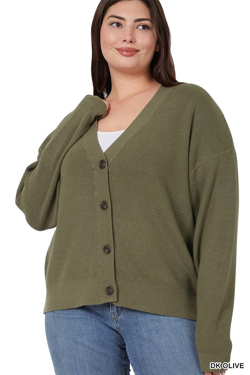 PLUS BUTTON DOWN OLIVE CARDIGAN