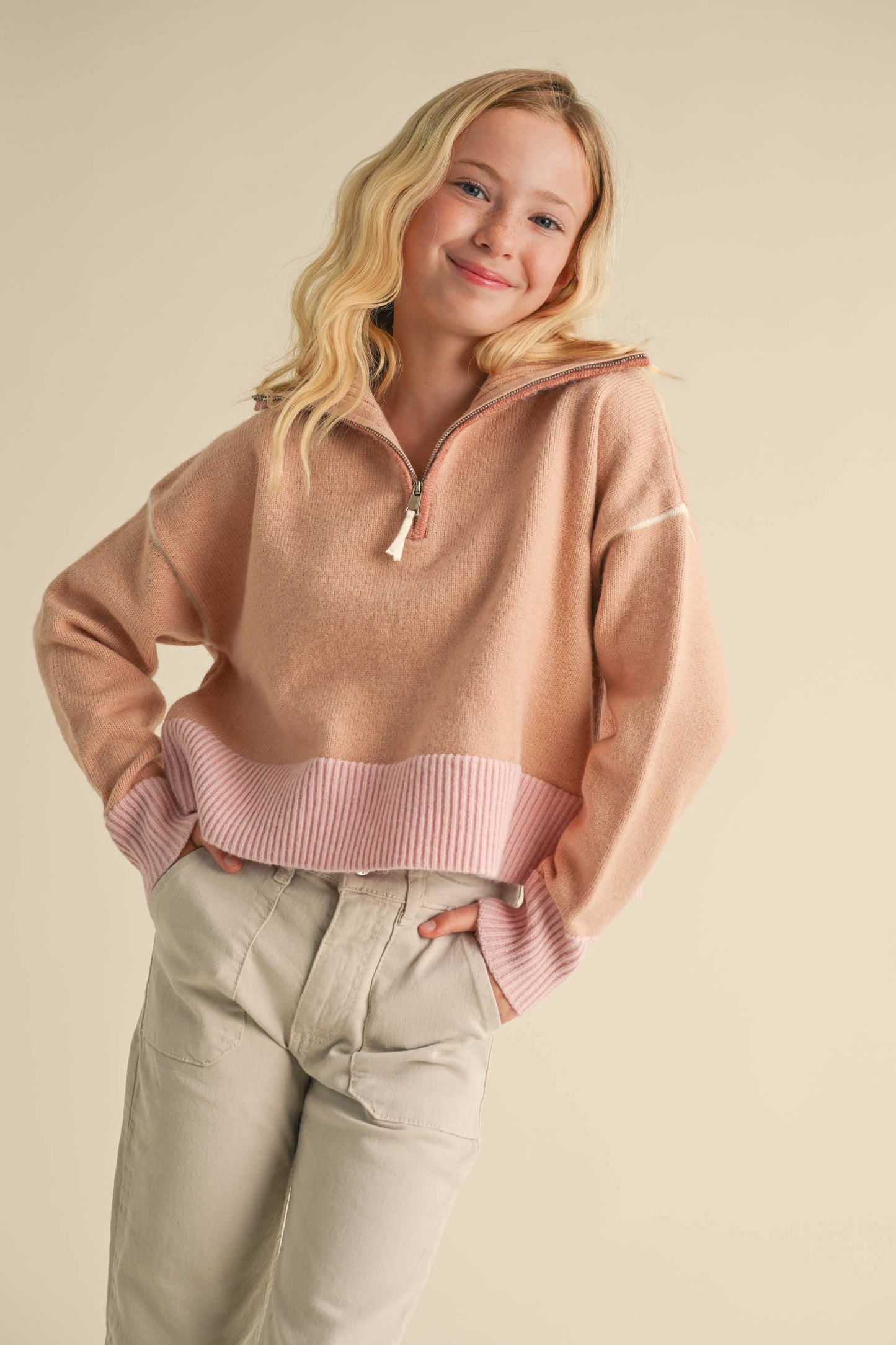 GIRLS HALF ZIP COLLAR SWEATER