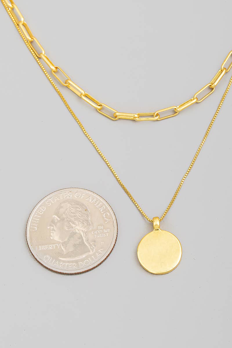 Gold Dipped Coin Pendant Layered Chain Link Necklace