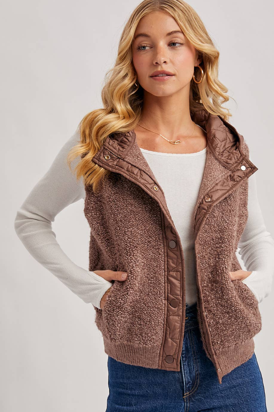 BUTTON DOWN SHERPA QUILTED HOOD VEST