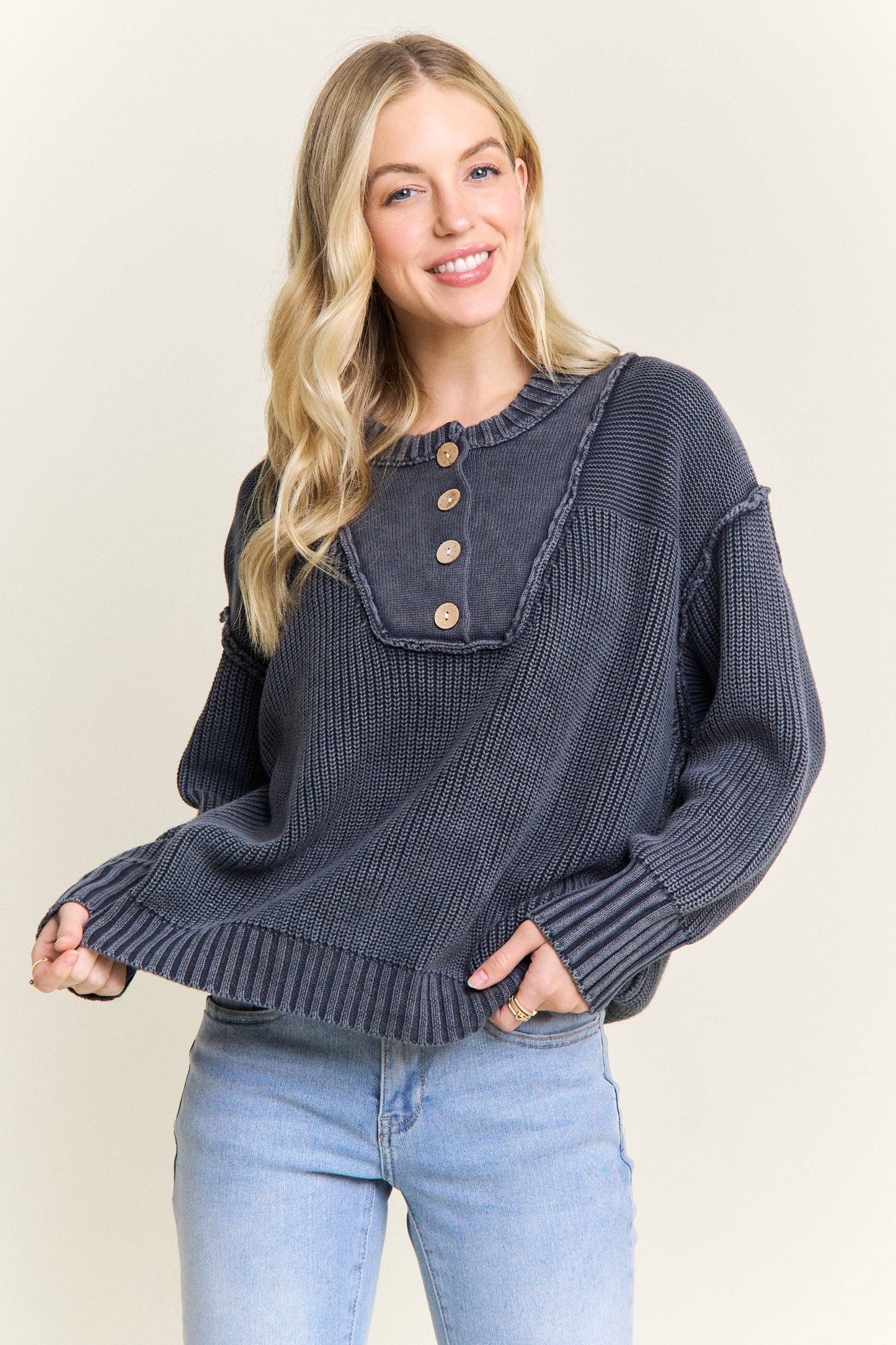 NAVY BUTTON FRONT HENLEY KNIT