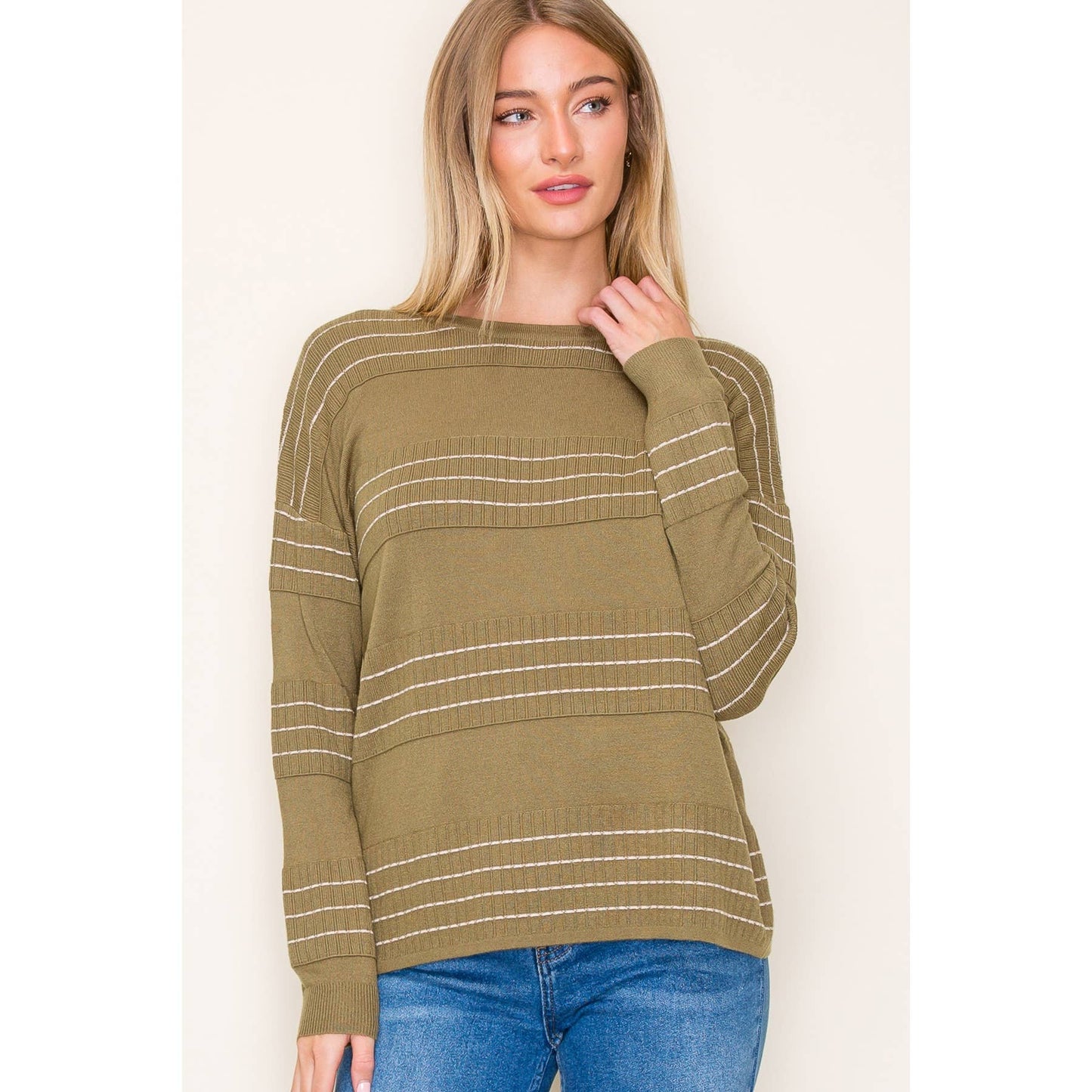 STITCH STRIPED LONG SLEEVE CREW NECK PULLOVER SWEATER: Olive