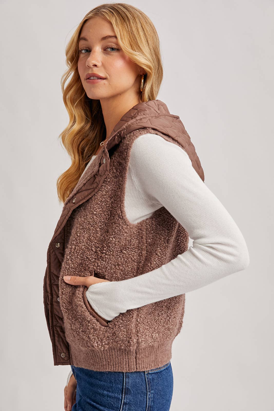 BUTTON DOWN SHERPA QUILTED HOOD VEST