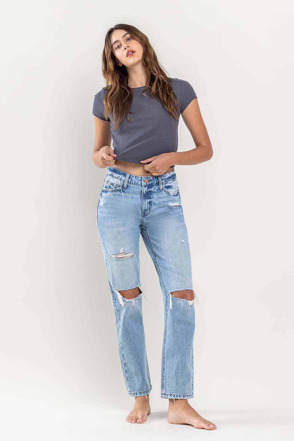 KAYLIE HIGH RISE DISTRESSED STRAIGHT JEAN