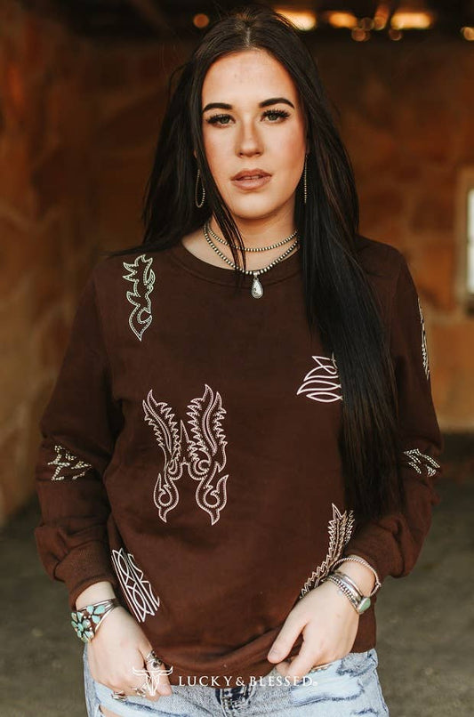 Brown Boot-stitch Western Round Neck Pull Over Sweater
