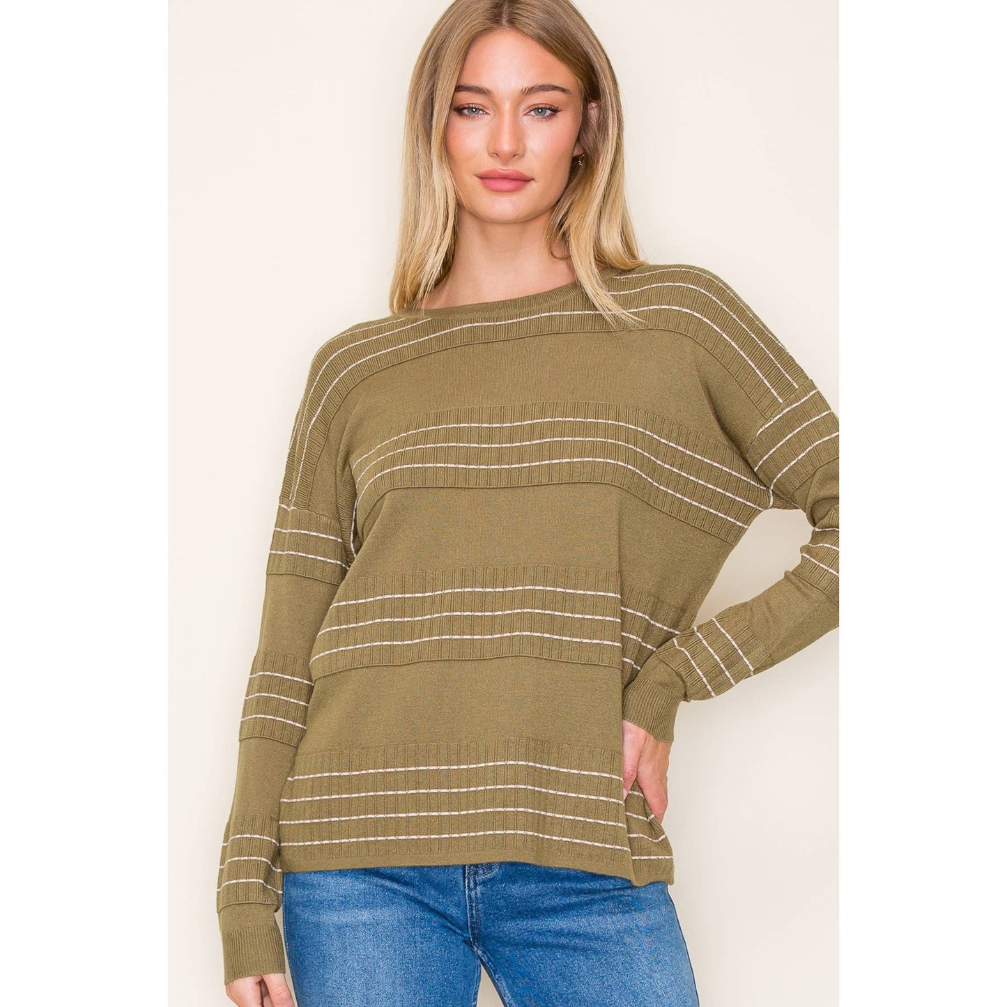 STITCH STRIPED LONG SLEEVE CREW NECK PULLOVER SWEATER: Olive