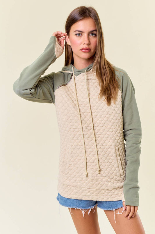 Quilted Layer Hoodie w/ Thumb hole - OAT/OLIVE