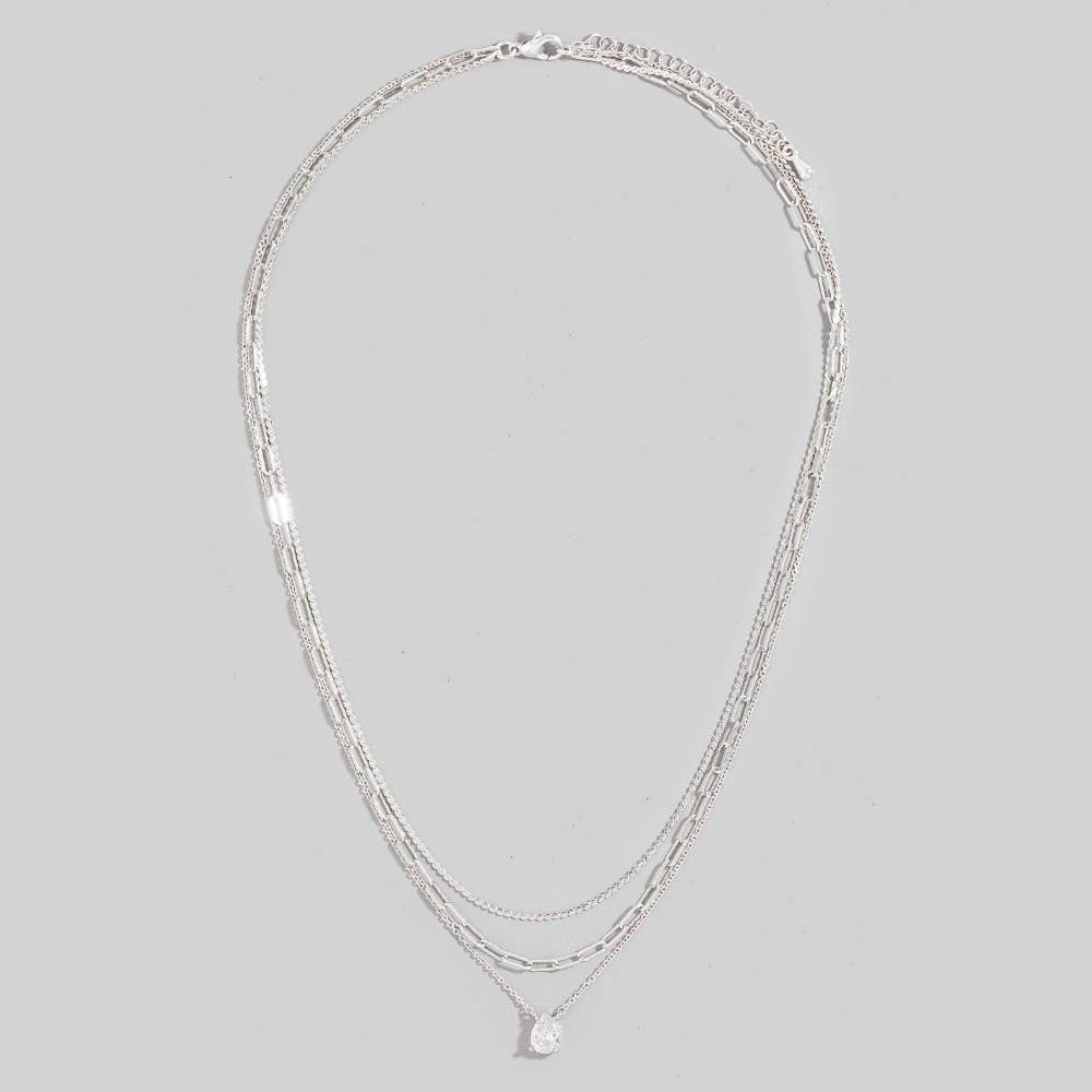 Gold Dipped Cz Tear Pendant Layered Chains Necklace: