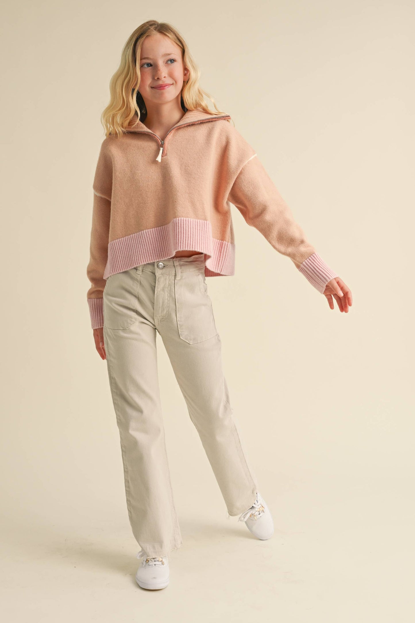 GIRLS HALF ZIP COLLAR SWEATER