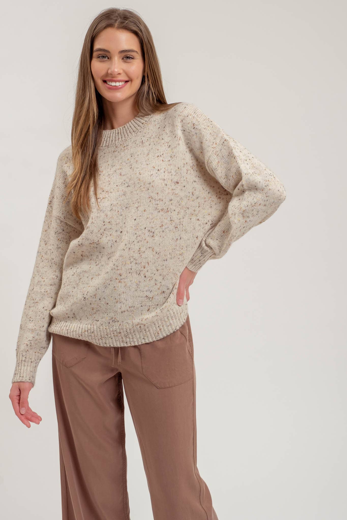 SPECKLE KNIT MOCK NECK SWEATER