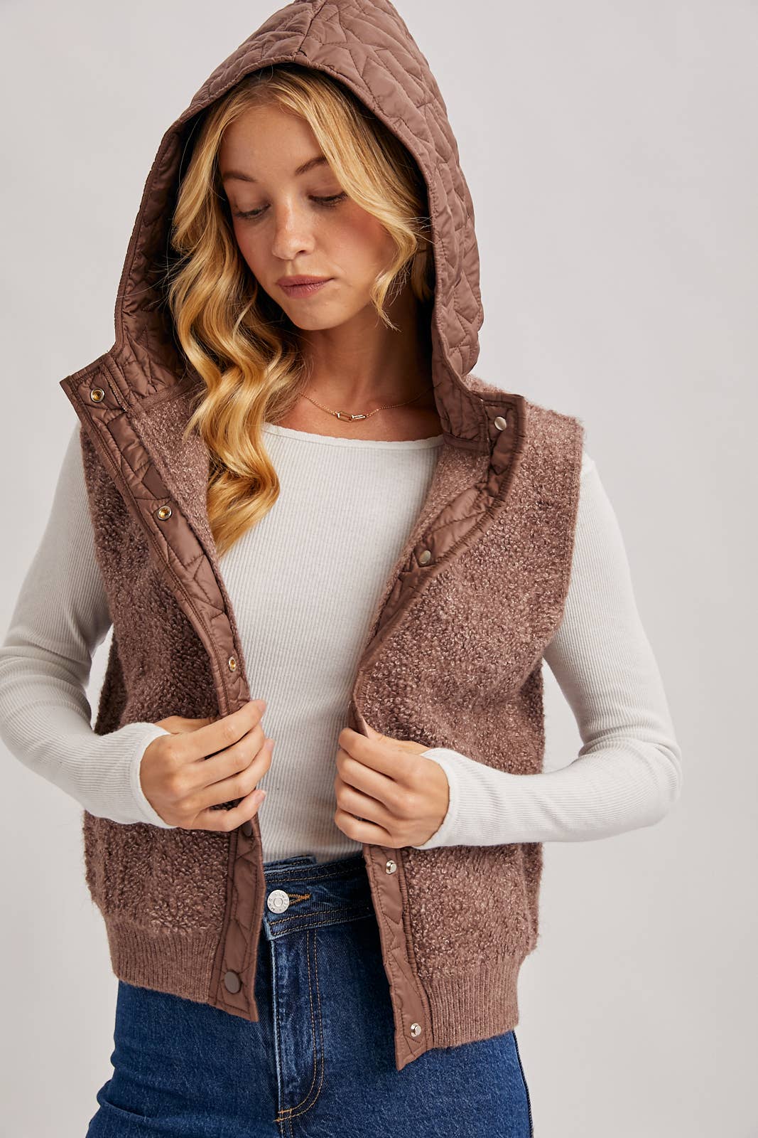 BUTTON DOWN SHERPA QUILTED HOOD VEST