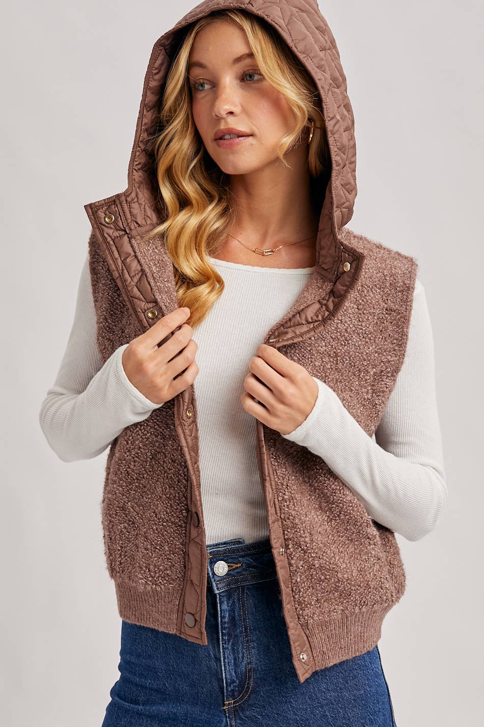 BUTTON DOWN SHERPA QUILTED HOOD VEST