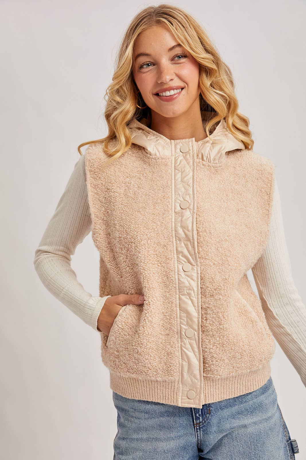 BUTTON DOWN SHERPA QUILTED HOOD VEST