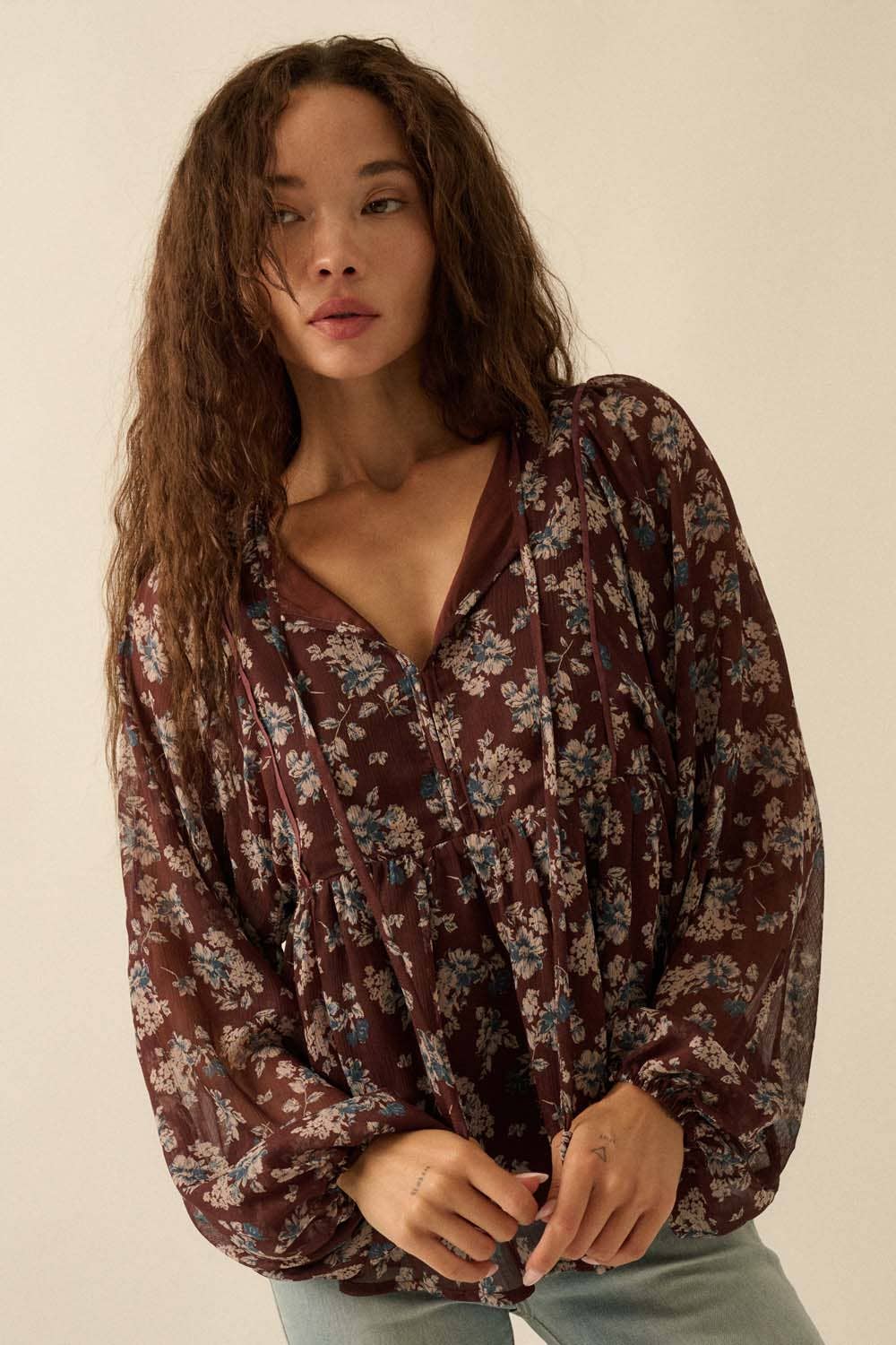 Floral Chiffon Tie-Neck Babydoll Peasant Top
