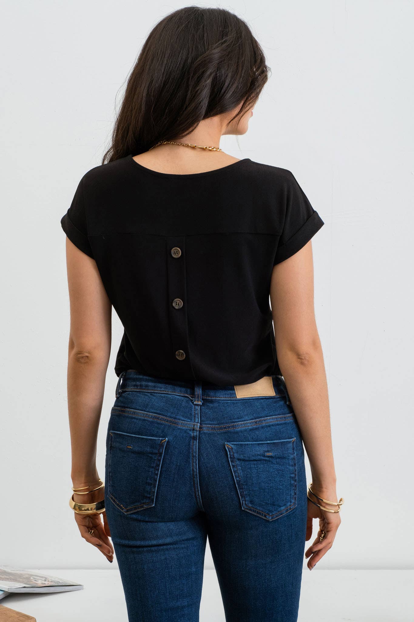 BUTTON BACK LACE STRIP TOP