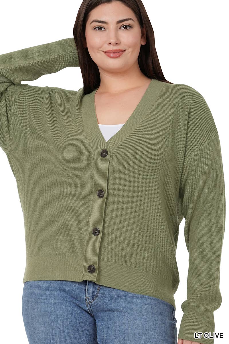 PLUS BUTTON DOWN OLIVE CARDIGAN