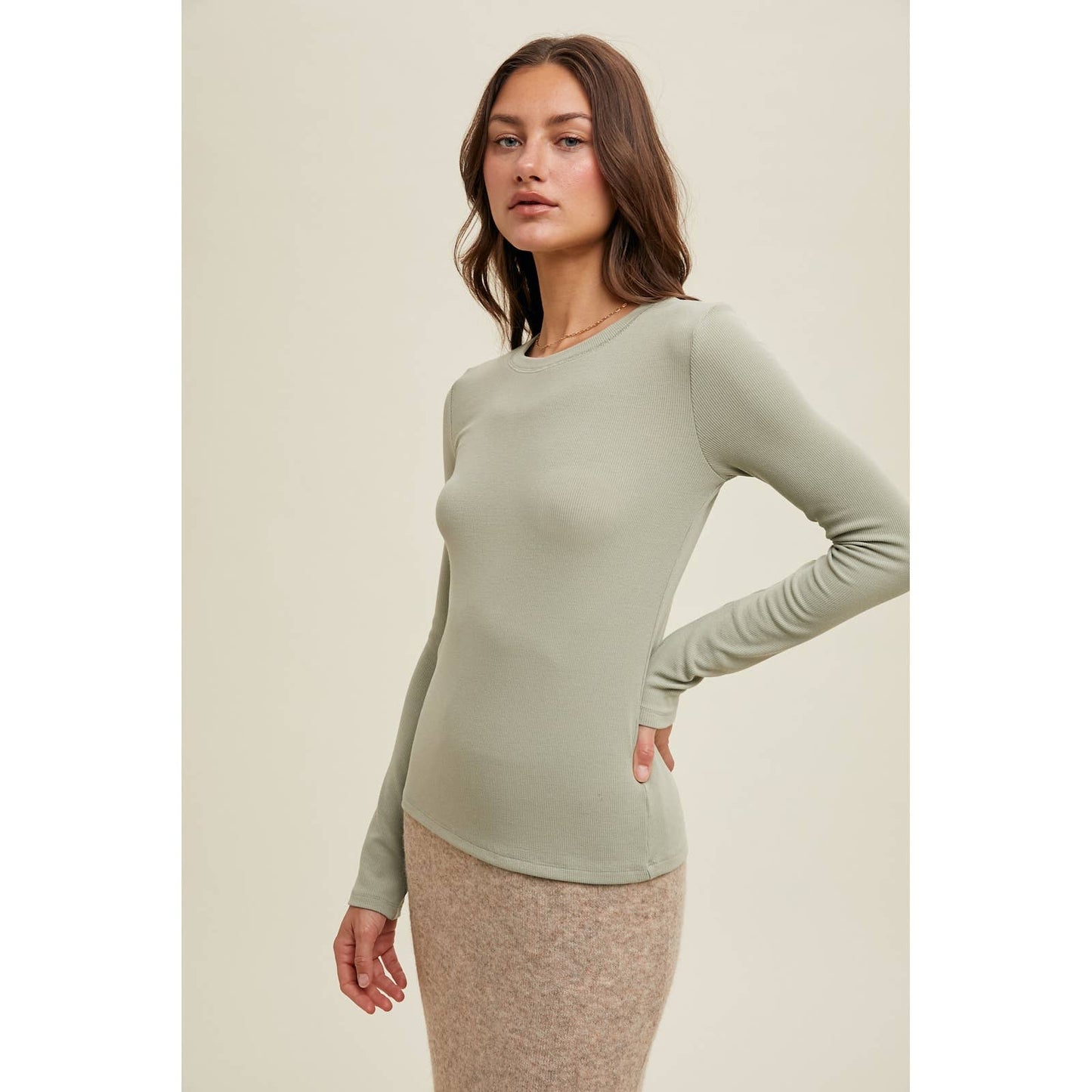 GREEN ROUND NECK RIBBED KNIT TOP