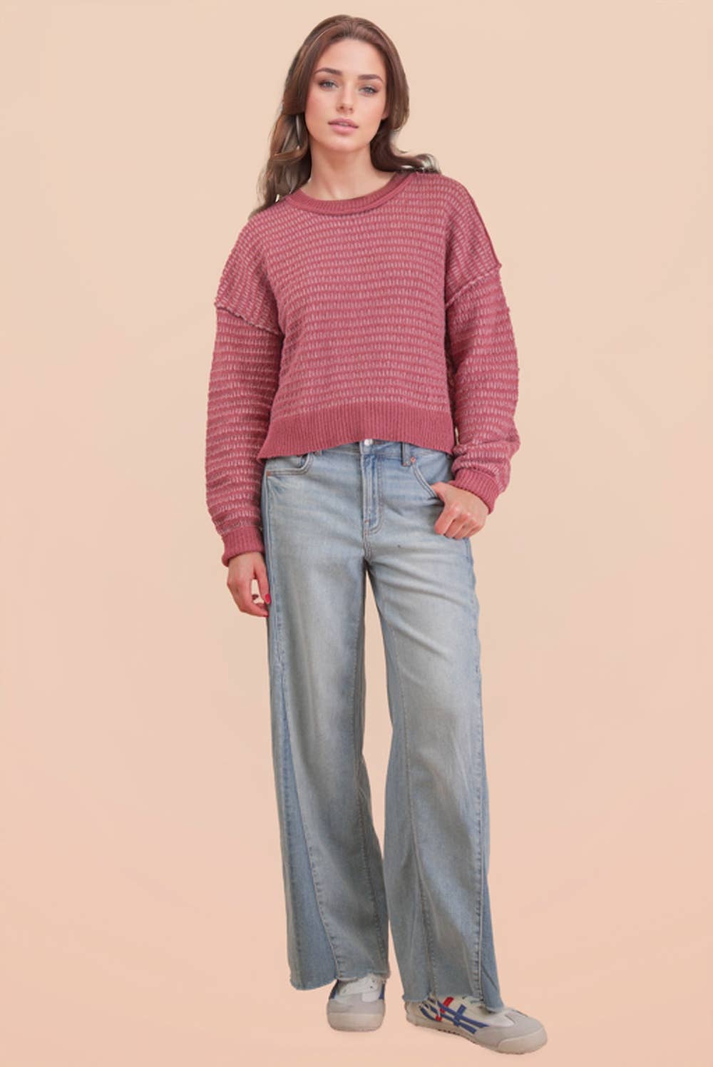 Two Tone Textured Knit Casual Sweater Top