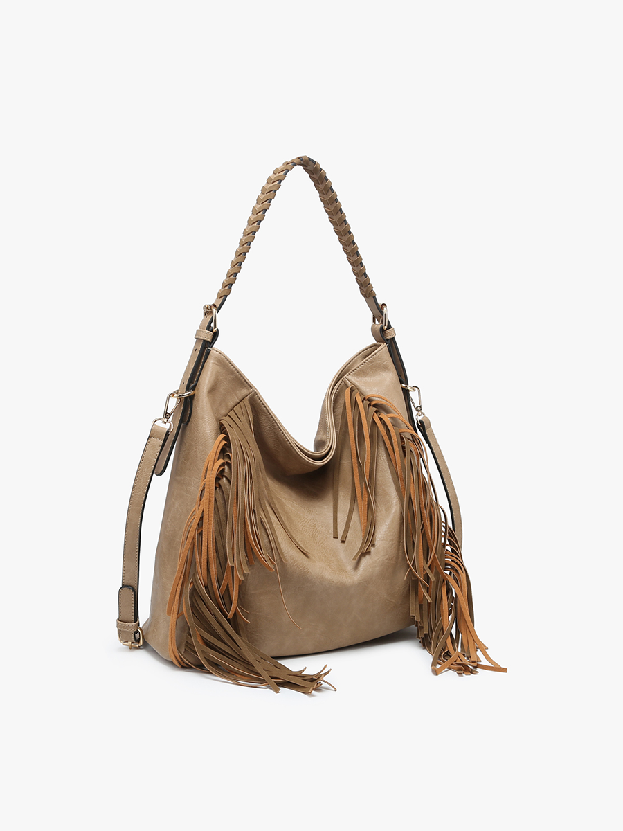 Sav Distressed Hobo w/ Fringe Detail: Taupe