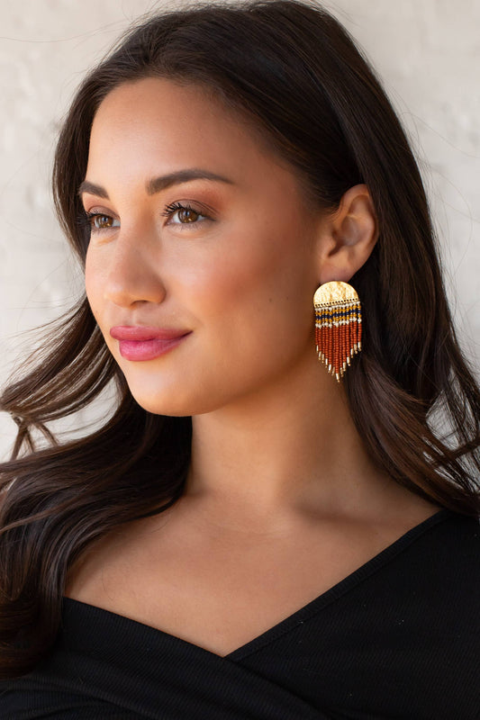 Gold & Rust Beaded Fringe Earrings