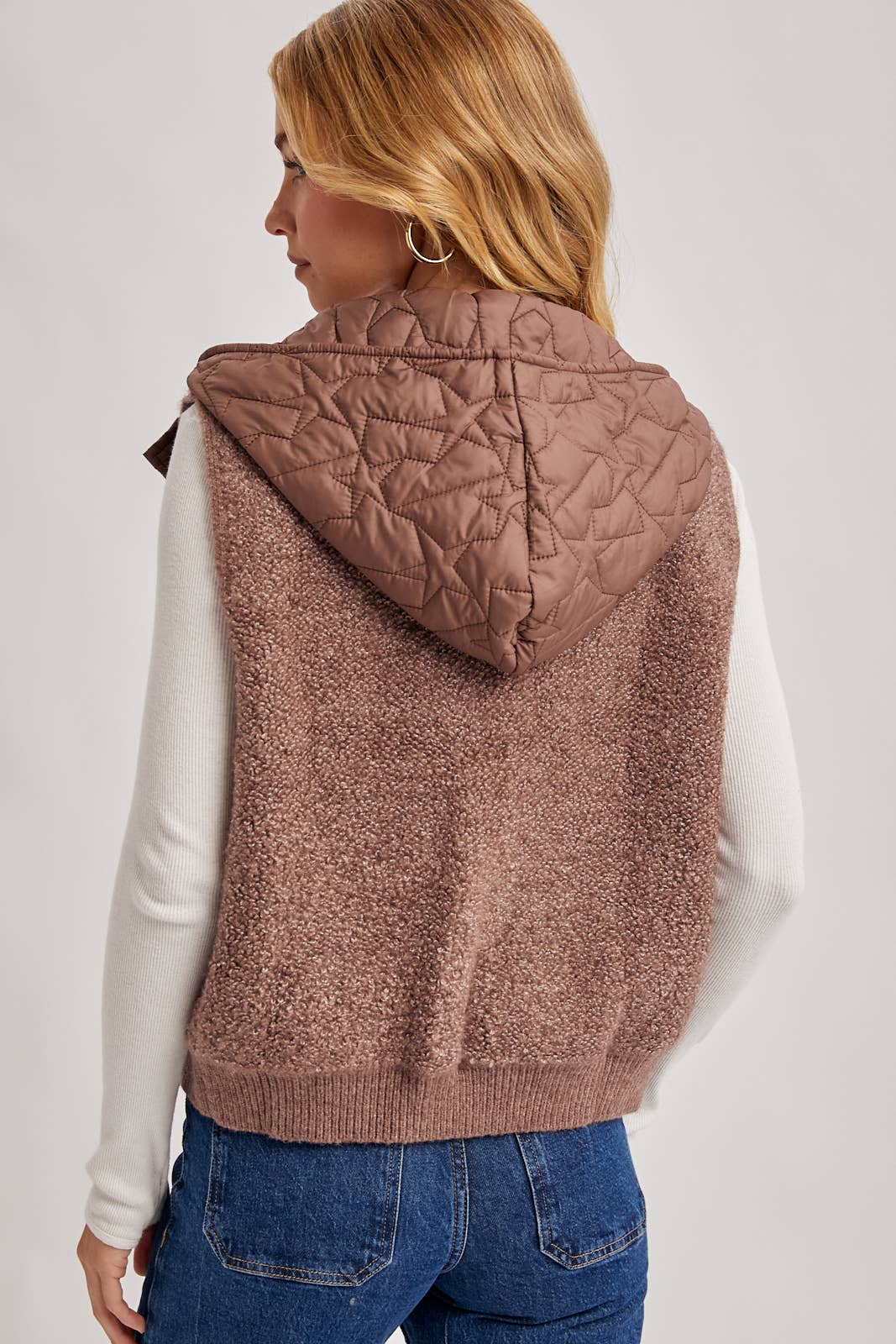 BUTTON DOWN SHERPA QUILTED HOOD VEST