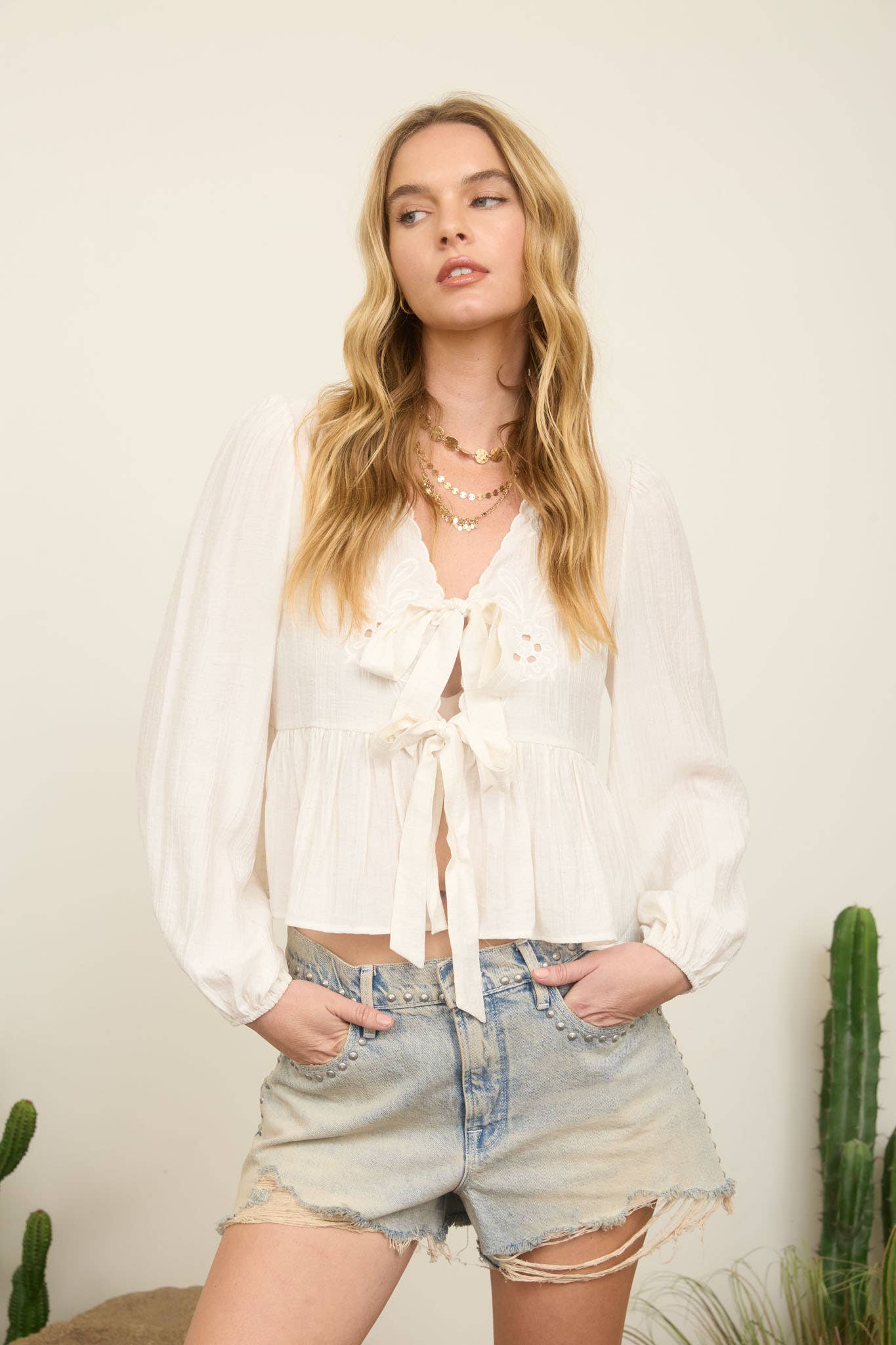 FLORAL EYELET EMBROIDERY FRONT TIE LONG SLEEVE TOP