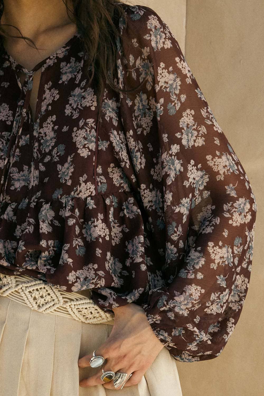 Floral Chiffon Tie-Neck Babydoll Peasant Top