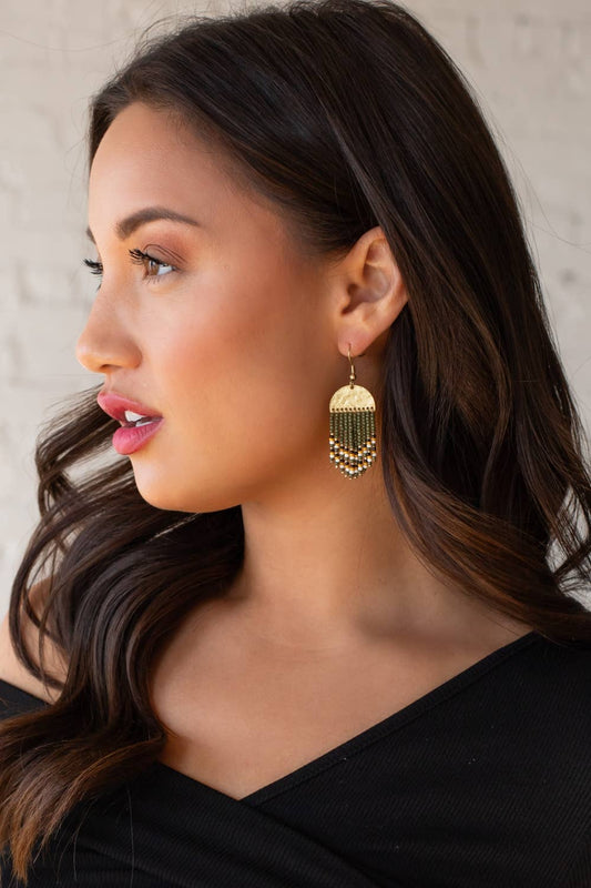 Gold & Olive Beaded Fringe Earrings
