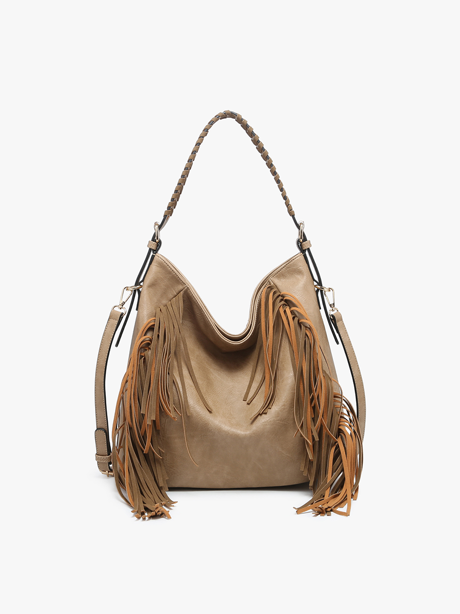 Sav Distressed Hobo w/ Fringe Detail: Taupe