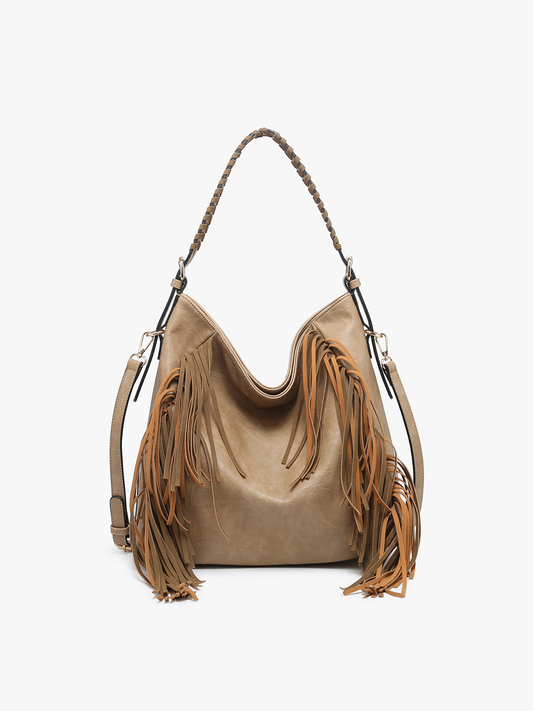 Sav Distressed Hobo w/ Fringe Detail: Taupe
