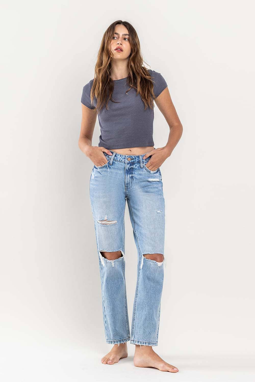 KAYLIE HIGH RISE DISTRESSED STRAIGHT JEAN