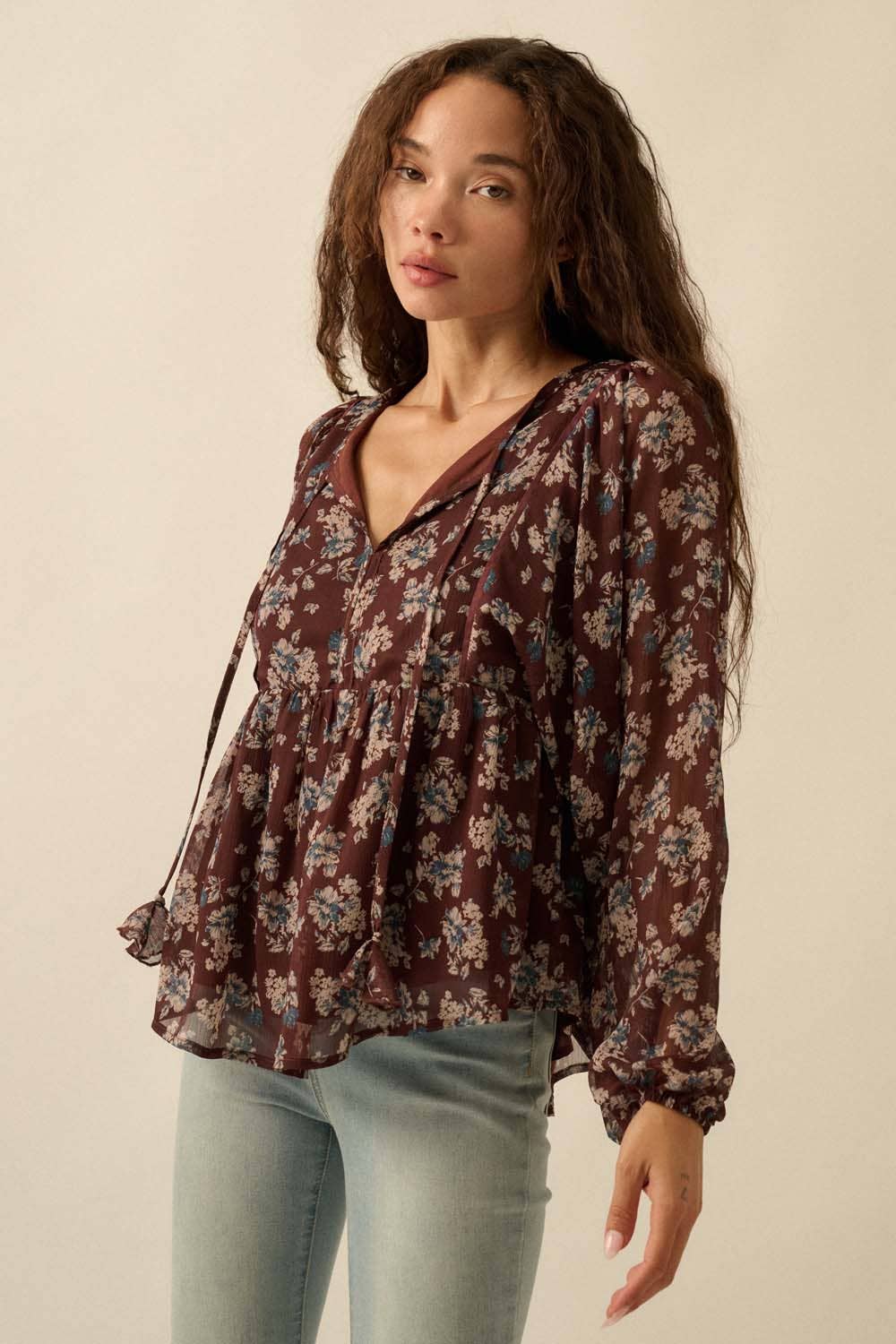 Floral Chiffon Tie-Neck Babydoll Peasant Top