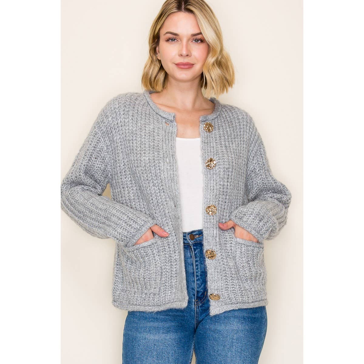 METAL BUTTON DOWN CHUNKY CARDIGAN