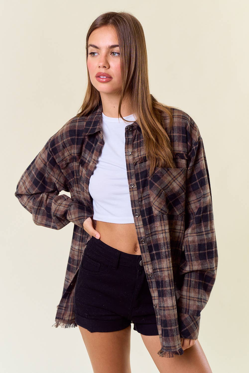 Marissa Plaid Flannel Shirt w/ Frayed Detail