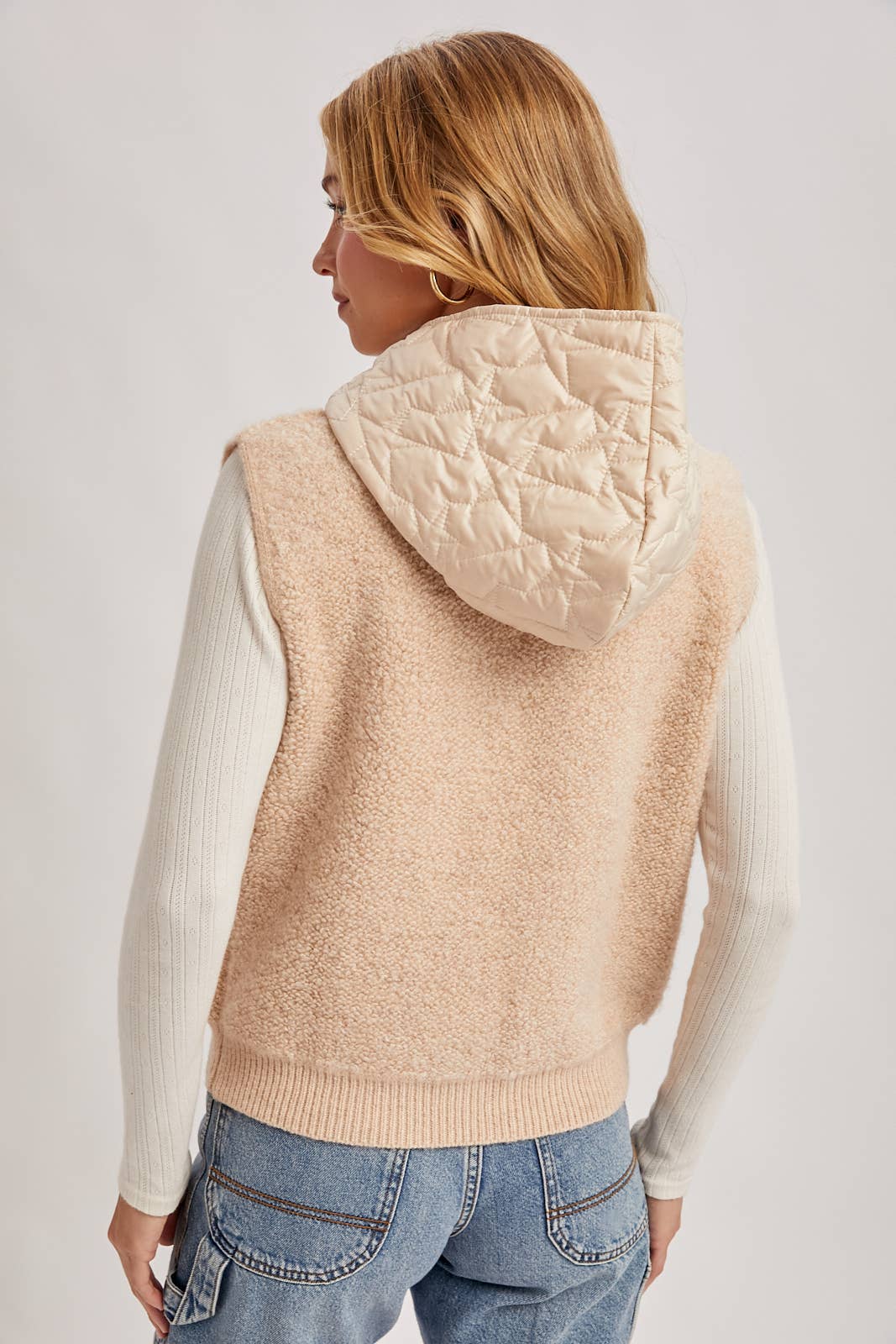 BUTTON DOWN SHERPA QUILTED HOOD VEST