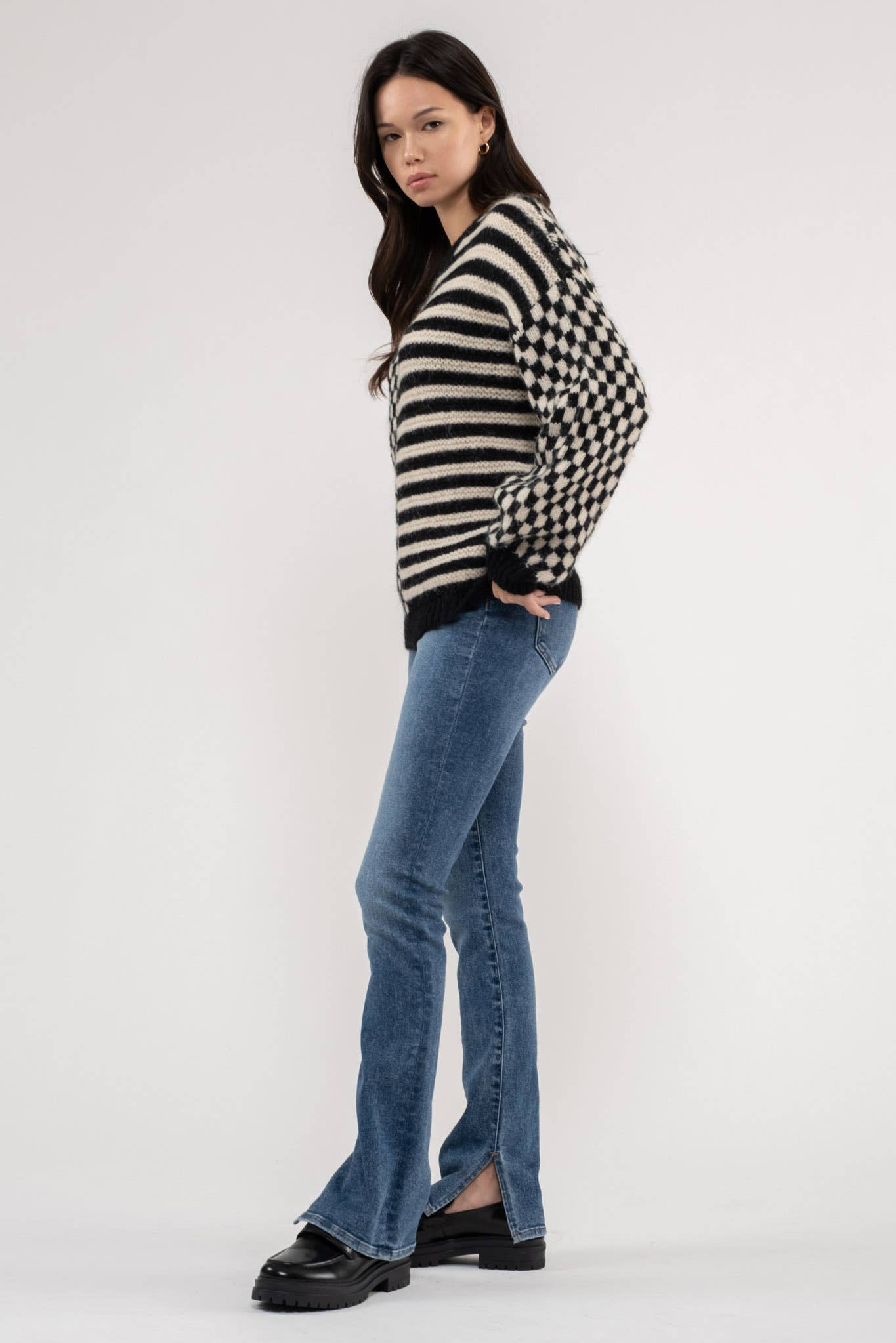 STRIPE + CHECKERED CREWNECK SWEATER