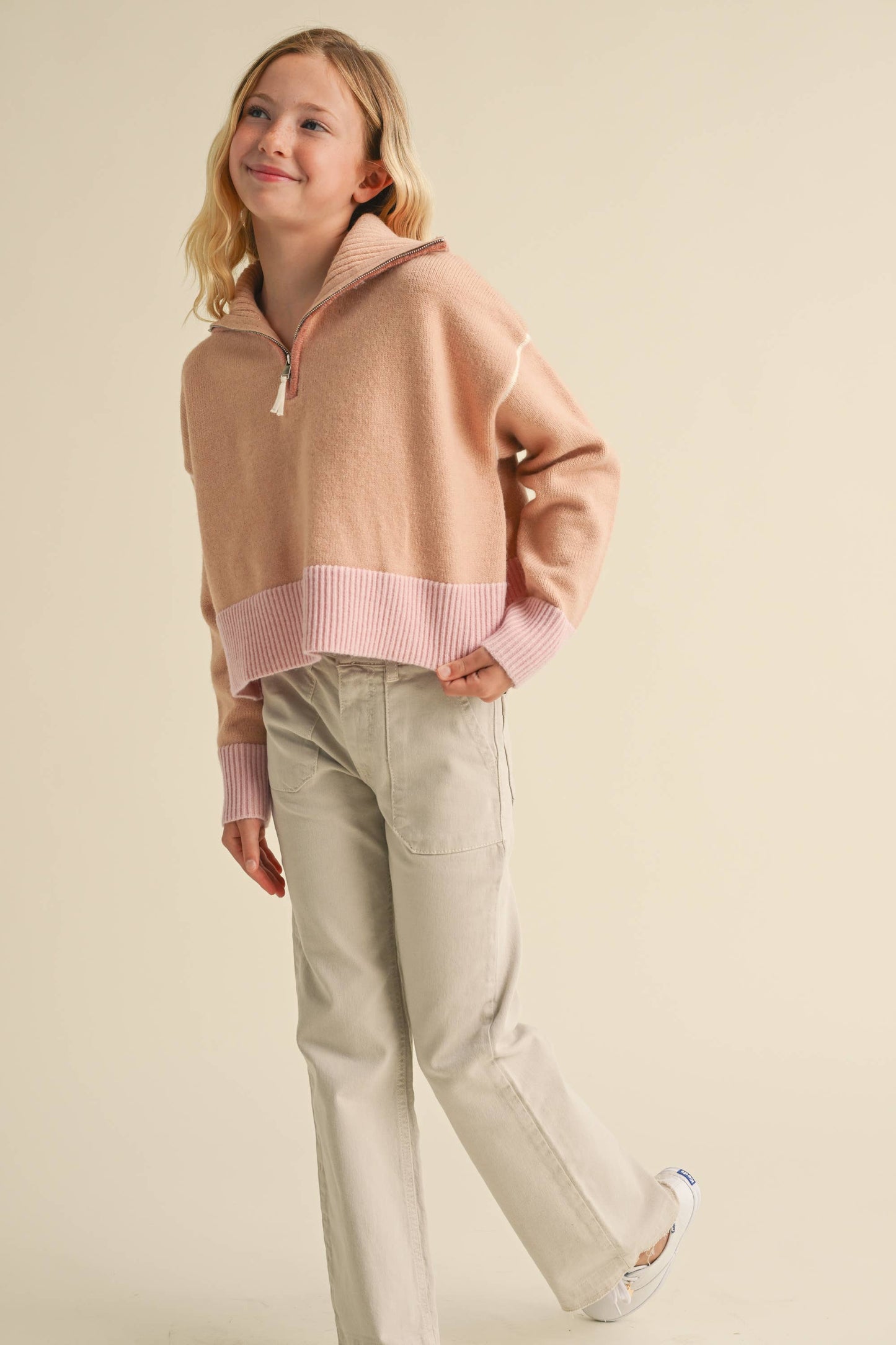 GIRLS HALF ZIP COLLAR SWEATER