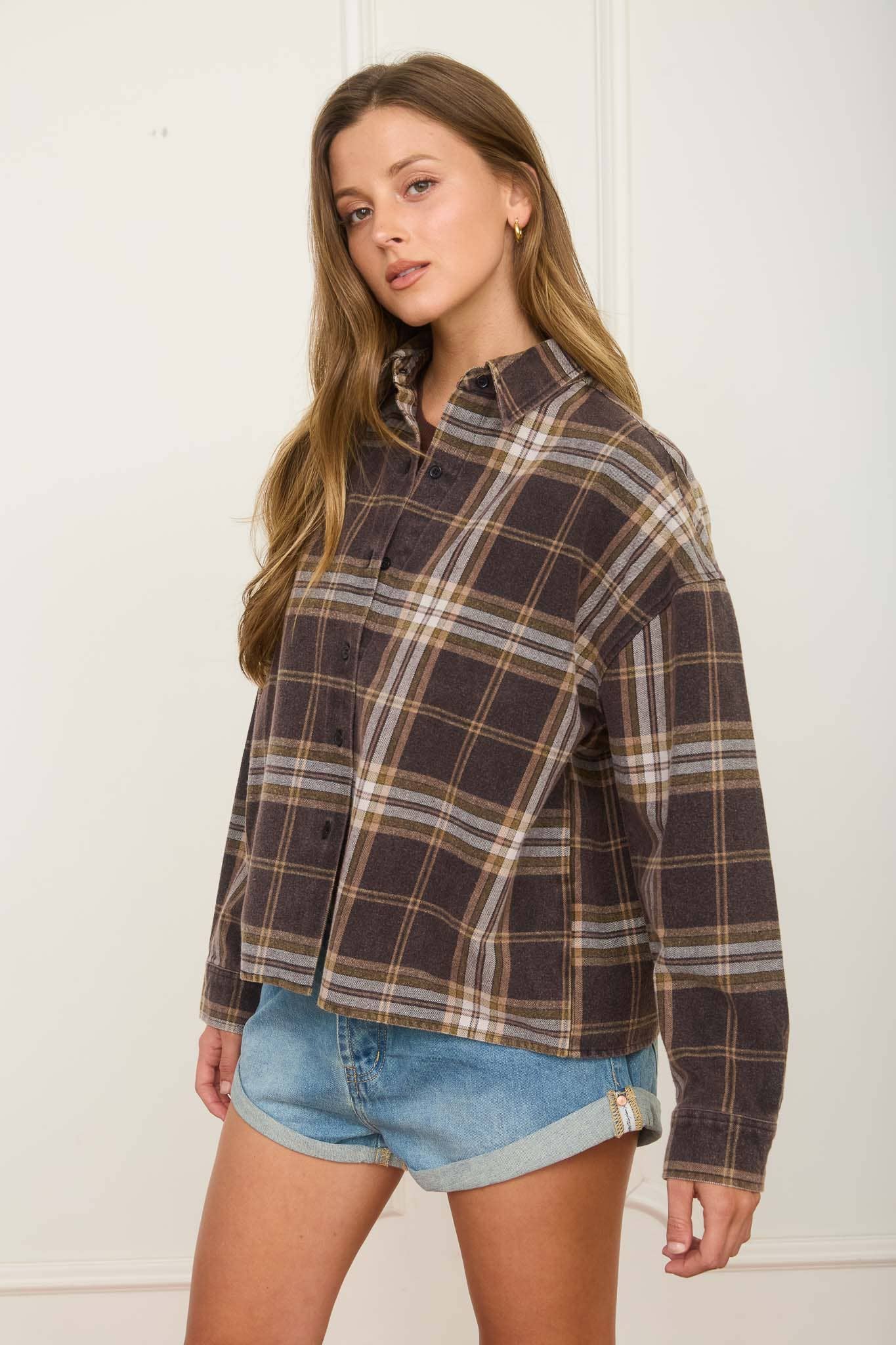 BLACK PLAID BOXY BUTTON DOWN