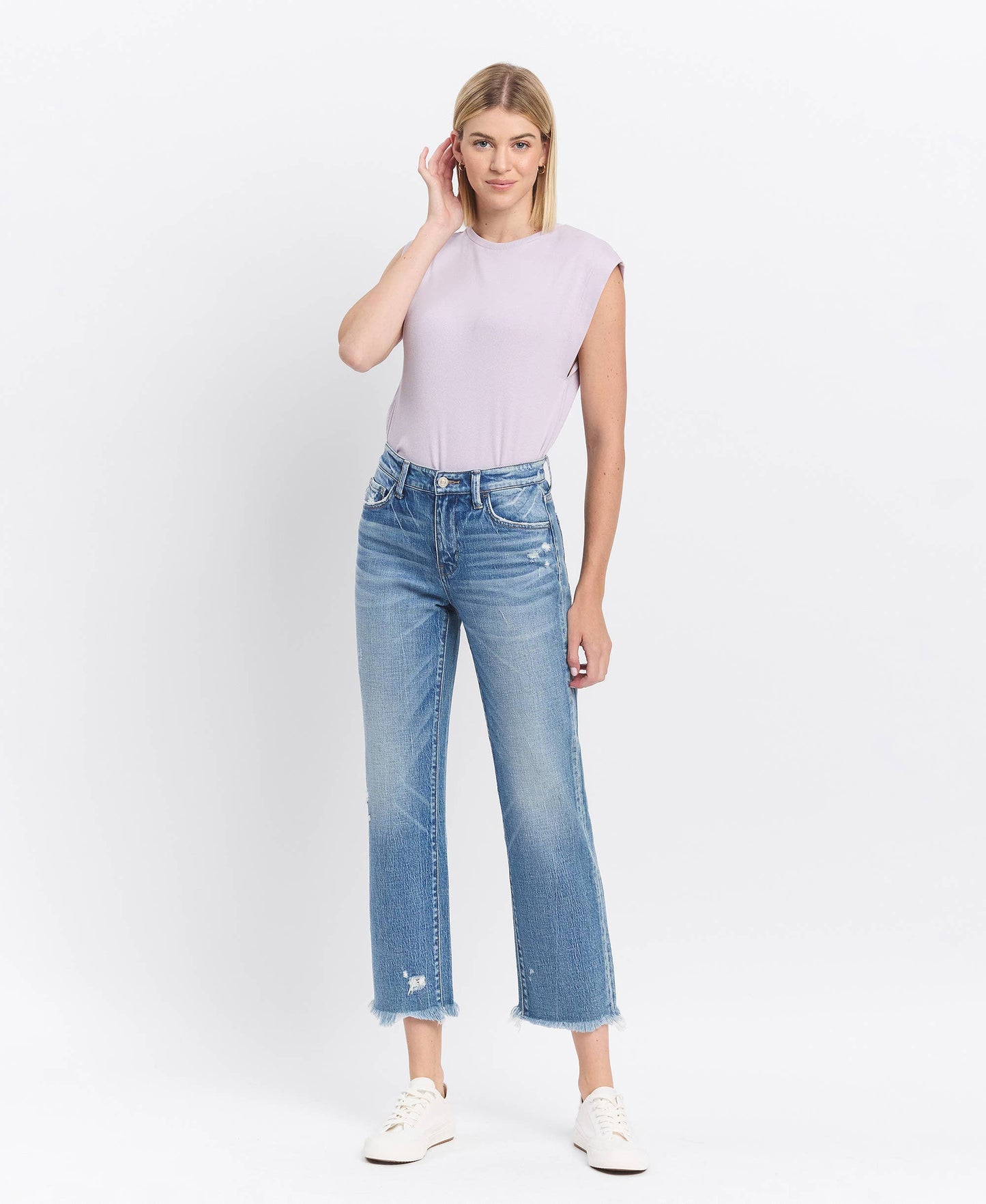 HIGH RISE FRAYED HEM STRAIGHT JEANS