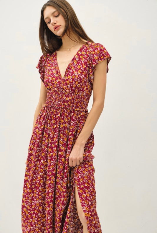 Floral V-Neck Cap Sleeve Maxi Dress